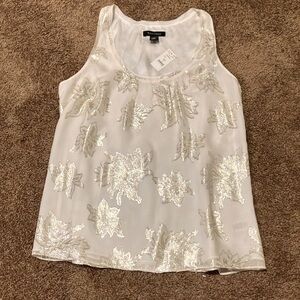 WHBM. BEAUTIFUL SLEEVELESS CREAM WITH SPARKLING FLOWERS/LEAVES. SIZE LARGE. NWT